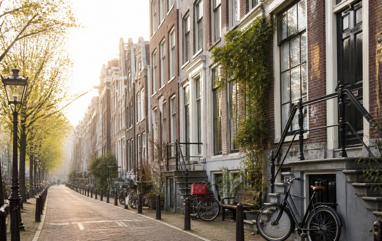 Amsterdam street with bicycles and brick townhouses in morning light